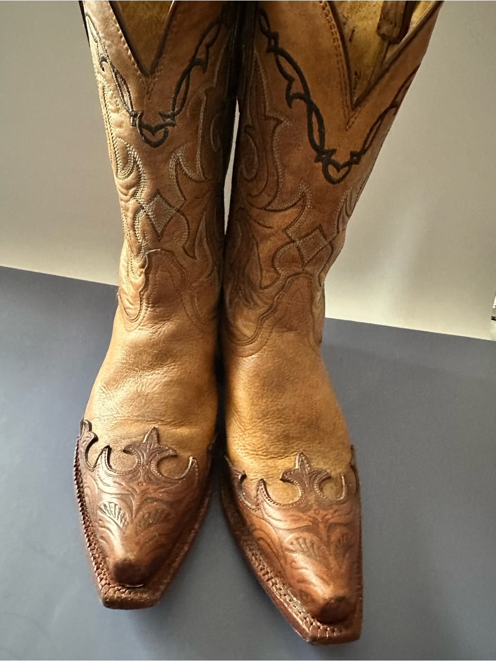 Tony Lama Brown Leather Western Ankle Booties with Toe Embroidery